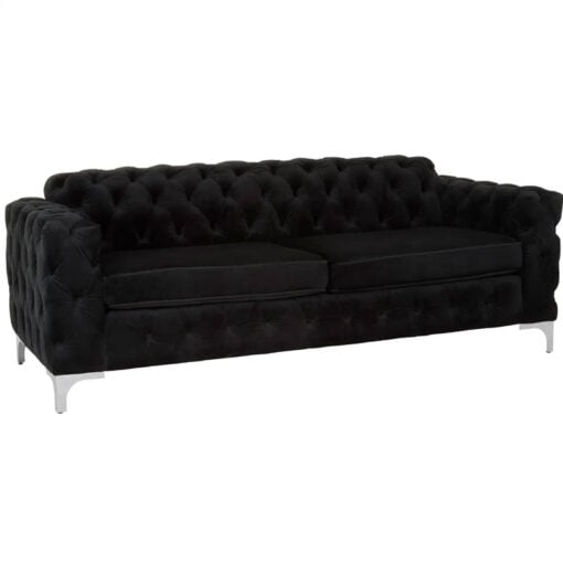 Black Velvet Tufted Buttoned Chesterfield 3 Seater Sofa With Silver Chrome Legs
