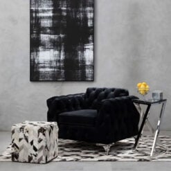Black Velvet Tufted Buttoned Chesterfield Armchair With Silver Chrome Legs