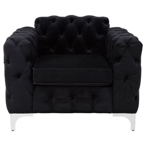 Black Velvet Tufted Buttoned Chesterfield Armchair With Silver Chrome Legs