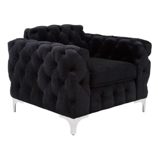 Black Velvet Tufted Buttoned Chesterfield Armchair With Silver Chrome Legs