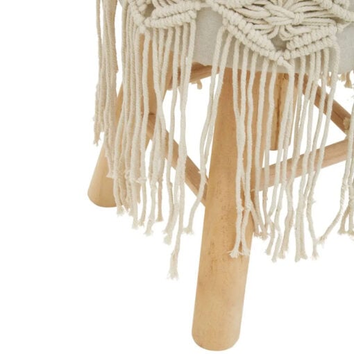 Boho Off White Cotton Macrame And Solid Light Wood Stool Footstool With Tassels