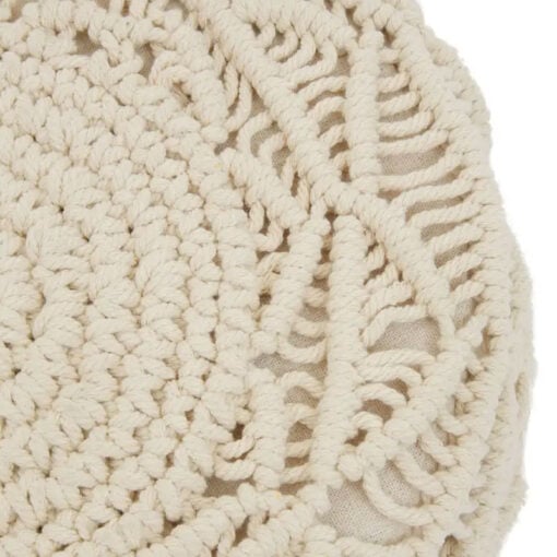 Boho Off White Cotton Macrame And Solid Light Wood Stool Footstool With Tassels