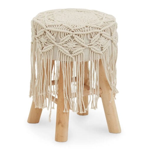 Boho Off White Cotton Macrame And Solid Light Wood Stool Footstool With Tassels