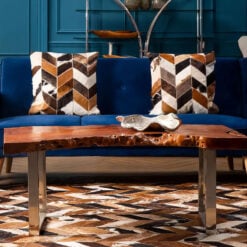 Boho Rustic Solid Brown Longan Wood Live Edge Coffee Table With Silver Chrome Metal Legs 120cm