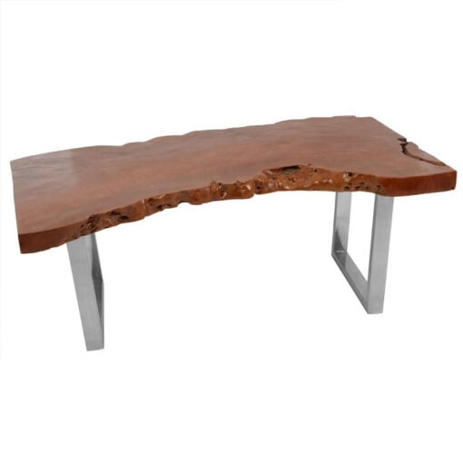 Boho Rustic Solid Brown Longan Wood Live Edge Coffee Table With Silver Chrome Metal Legs 120cm