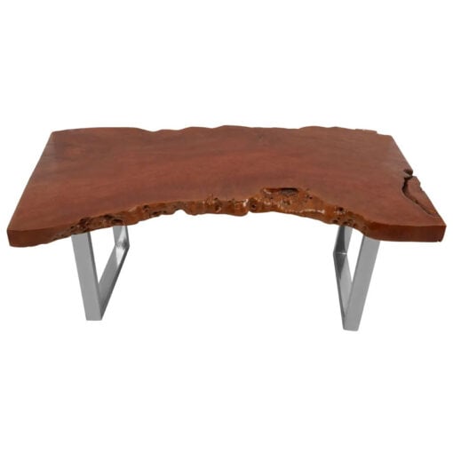 Boho Rustic Solid Brown Longan Wood Live Edge Coffee Table With Silver Chrome Metal Legs 120cm