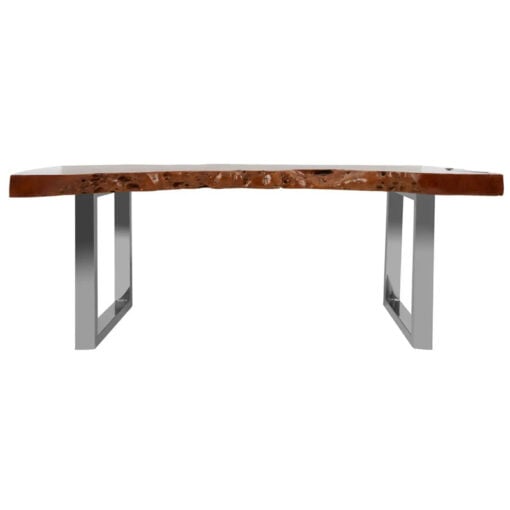 Boho Rustic Solid Brown Longan Wood Live Edge Coffee Table With Silver Chrome Metal Legs 120cm