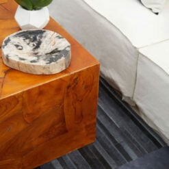 Boho Rustic Solid Brown Teak Wood Cube Chunky Coffee Table 80cm