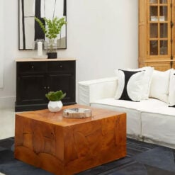 Boho Rustic Solid Brown Teak Wood Cube Chunky Coffee Table 80cm