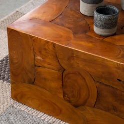 Boho Rustic Solid Brown Teak Wood Cube Chunky Coffee Table 80cm