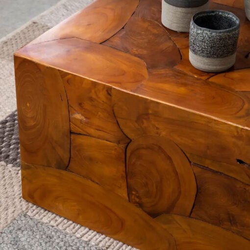 Boho Rustic Solid Brown Teak Wood Cube Chunky Coffee Table 80cm