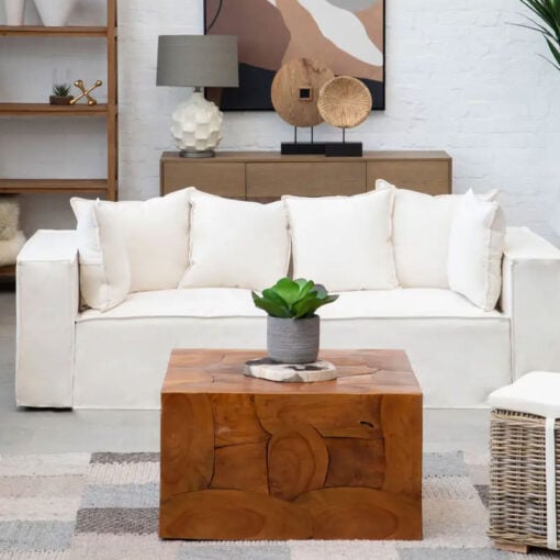 Boho Rustic Solid Brown Teak Wood Cube Chunky Coffee Table 80cm