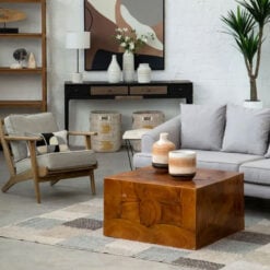 Boho Rustic Solid Brown Teak Wood Cube Chunky Coffee Table 80cm