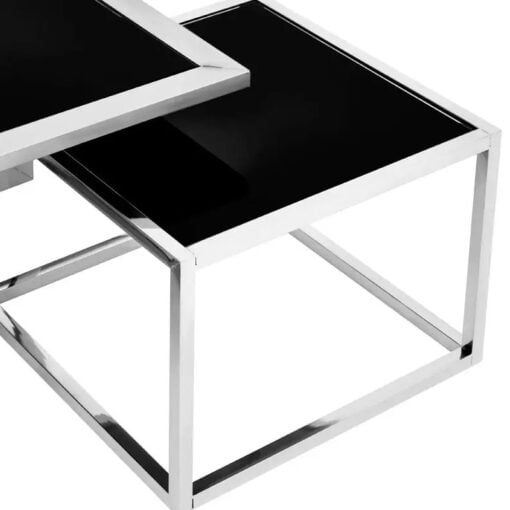 Chrome Silver Metal And Black Glass Set Of 1 Coffee Table And 4 Nesting Side Tables