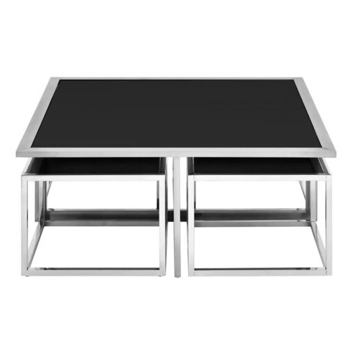 Chrome Silver Metal And Black Glass Set Of 1 Coffee Table And 4 Nesting Side Tables