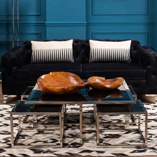 Chrome Silver Metal And Black Glass Set Of 1 Coffee Table And 4 Nesting Side Tables
