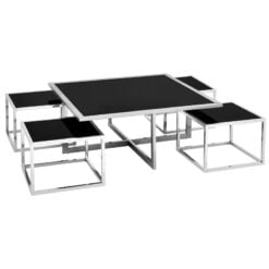 Chrome Silver Metal And Black Glass Set Of 1 Coffee Table And 4 Nesting Side Tables