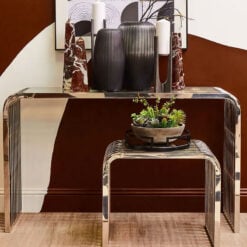 Contemporary Slatted Rows Curved Silver Chrome Metal And Glass Console Table