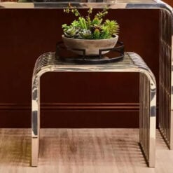 Contemporary Slatted Rows Curved Silver Chrome Metal And Glass Side Table