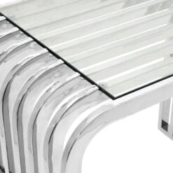 Contemporary Slatted Rows Curved Silver Chrome Metal And Glass Side Table