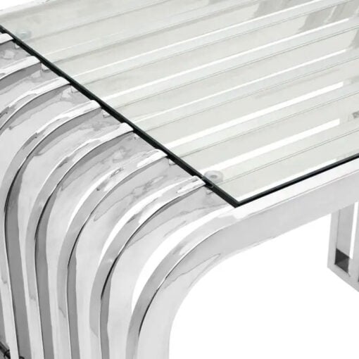 Contemporary Slatted Rows Curved Silver Chrome Metal And Glass Side Table