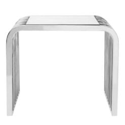 Contemporary Slatted Rows Curved Silver Chrome Metal And Glass Side Table