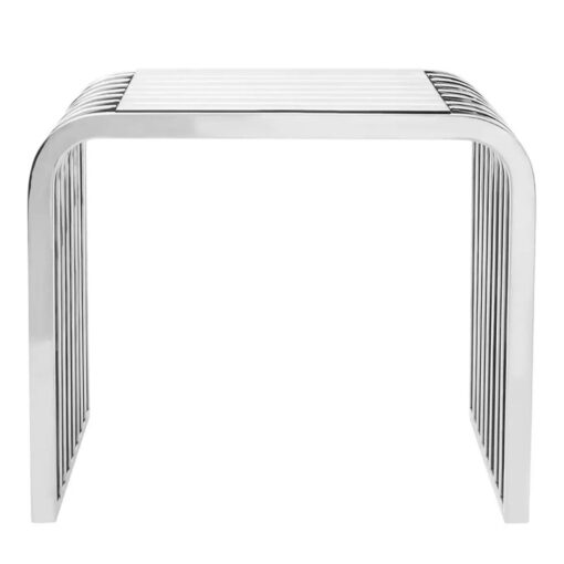 Contemporary Slatted Rows Curved Silver Chrome Metal And Glass Side Table