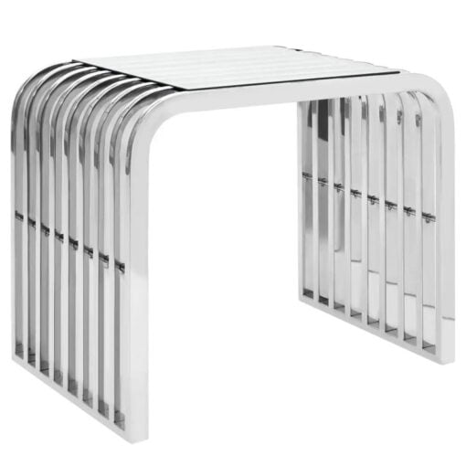 Contemporary Slatted Rows Curved Silver Chrome Metal And Glass Side Table