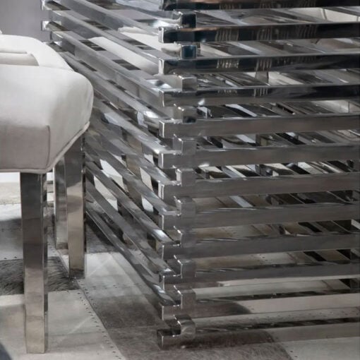 Contemporary Stacked Silver Chrome Metal Base And Clear Glass 6 Seater Dining Table 200cm