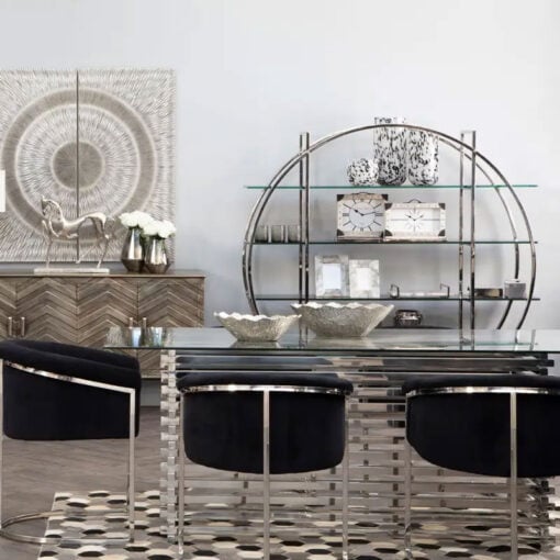 Contemporary Stacked Silver Chrome Metal Base And Clear Glass 6 Seater Dining Table 200cm