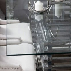 Contemporary Stacked Silver Chrome Metal Base And Clear Glass 6 Seater Dining Table 200cm