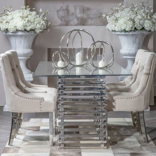 Contemporary Stacked Silver Chrome Metal Base And Clear Glass 6 Seater Dining Table 200cm