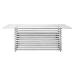 Contemporary Stacked Silver Chrome Metal Base And Clear Glass 6 Seater Dining Table 200cm