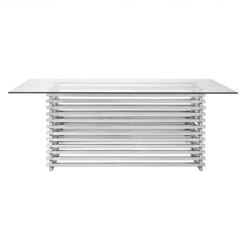 Contemporary Stacked Silver Chrome Metal Base And Clear Glass 6 Seater Dining Table 200cm