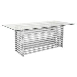 Contemporary Stacked Silver Chrome Metal Base And Clear Glass 6 Seater Dining Table 200cm