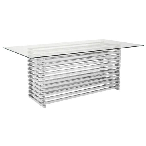 Contemporary Stacked Silver Chrome Metal Base And Clear Glass 6 Seater Dining Table 200cm