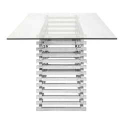 Contemporary Stacked Silver Chrome Metal Base And Clear Glass 6 Seater Dining Table 200cm