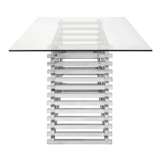 Contemporary Stacked Silver Chrome Metal Base And Clear Glass 6 Seater Dining Table 200cm