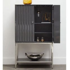 Grey High Gloss Wood And Silver Chrome Metal 2 Door Drinks Bar Cabinet