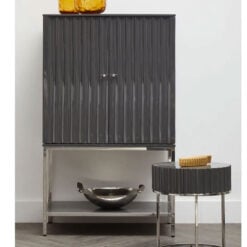 Grey High Gloss Wood And Silver Chrome Metal 2 Door Drinks Bar Cabinet