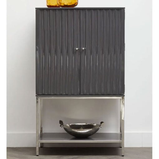Grey High Gloss Wood And Silver Chrome Metal 2 Door Drinks Bar Cabinet