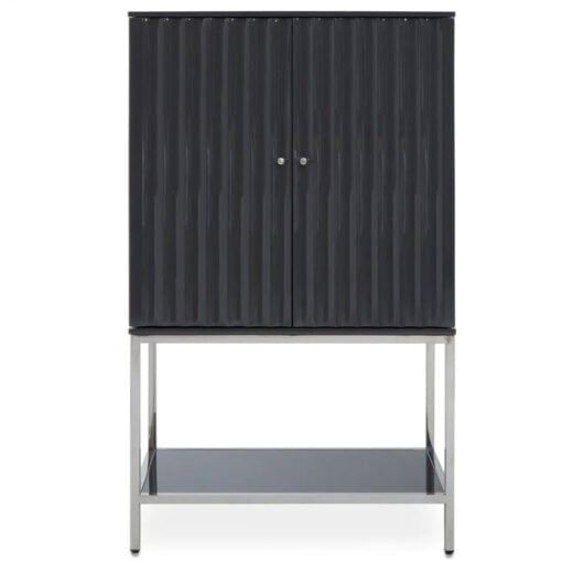 Grey High Gloss Wood And Silver Chrome Metal 2 Door Drinks Bar Cabinet