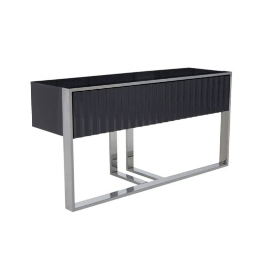Grey High Gloss Wood And Silver Chrome Metal 2 Drawer Large Console Table 149cm