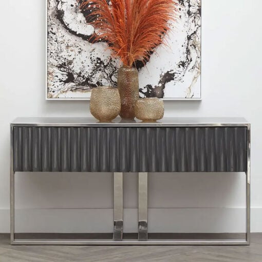 Grey High Gloss Wood And Silver Chrome Metal 2 Drawer Large Console Table 149cm