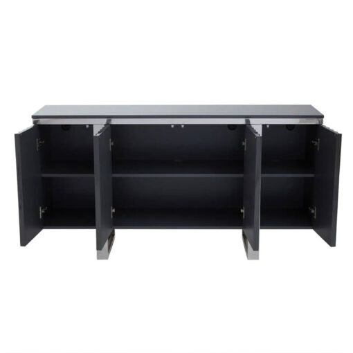 Grey High Gloss Wood And Silver Chrome Metal 4 Door Sideboard 146cm