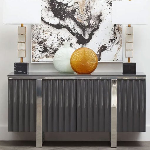 Grey High Gloss Wood And Silver Chrome Metal 4 Door Sideboard 146cm