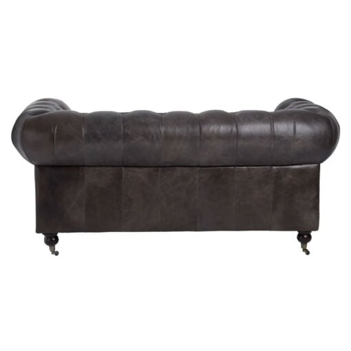 Industrial 2 Seater Dark Grey Genuine Leather Chesterfield Sofa With Walnut Wood Feet With Wheels 172cm