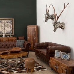 Industrial 2 Seater Dark Grey Genuine Leather Chesterfield Sofa With Walnut Wood Feet With Wheels 172cm