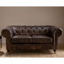Industrial 2 Seater Dark Grey Genuine Leather Chesterfield Sofa With Walnut Wood Feet With Wheels 172cm