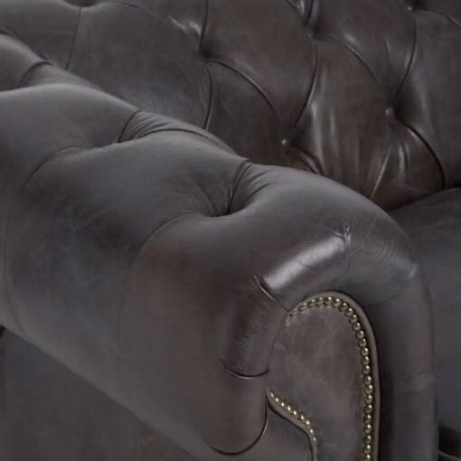 Industrial 2 Seater Dark Grey Genuine Leather Chesterfield Sofa With Walnut Wood Feet With Wheels 172cm